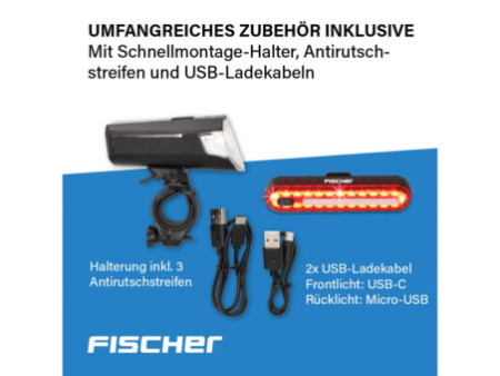 FISCHER Set d'éclairage de vélo à LED rechargeable, 80 lux