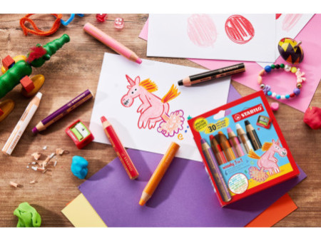 STABILO Crayon multi-talents woody 3 en 1, étui de 6 Licorne