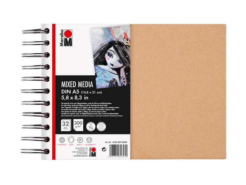 Marabu Cahier à spirale 'Mixed Media', format A5, 300 g/qm,