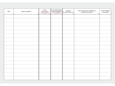 ELVE Registre des déchets sortants, 108 pages, 210 x 297 mm