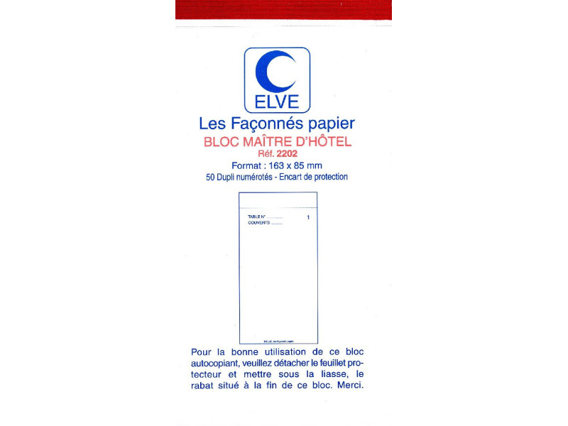 ELVE Bloc Maître d'Hôtel, 85 x 165 mm, 50 feuillets dupli
