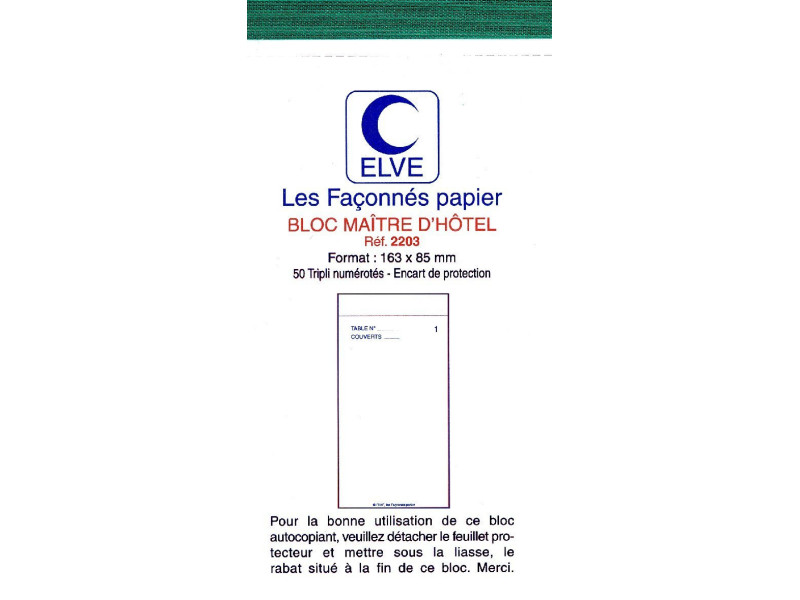 ELVE Bloc Maître d'Hôtel, 85 x 165 mm, 50 feuillets tripli