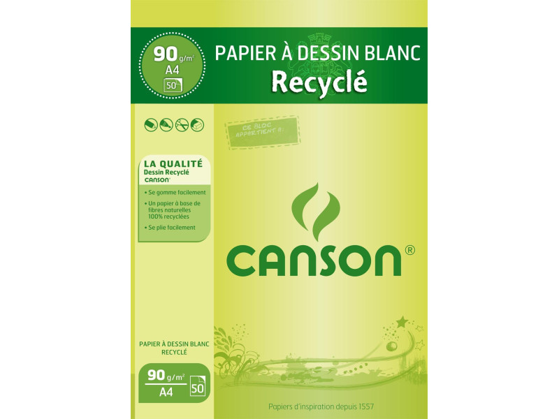 CANSON Bloc de papier à dessin recyclé, A4, 90 g/m2, blanc