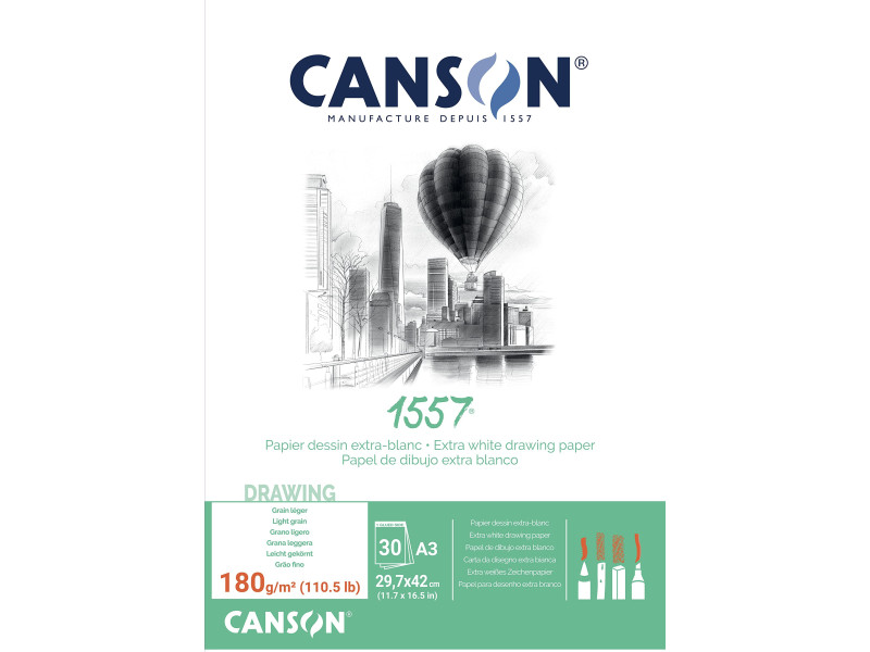 CANSON Bloc papier dessin '1557', A3, 180 g/m2, 30 feuilles