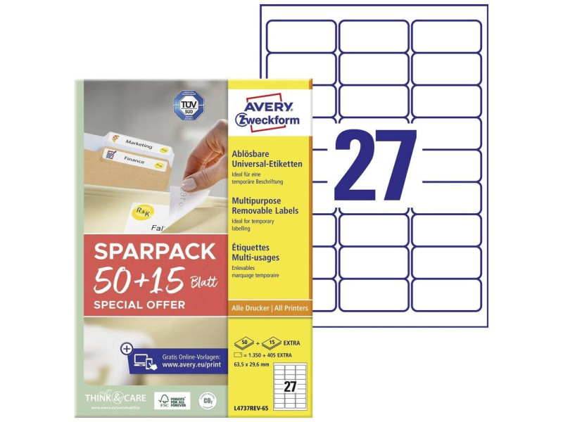 AVERY Zweckform Étiquette universelle, 63,5 x 29,6 mm, 50+15