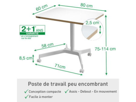 LEITZ Bureau assis-debout Ergo Compact, avec roulettes,blanc