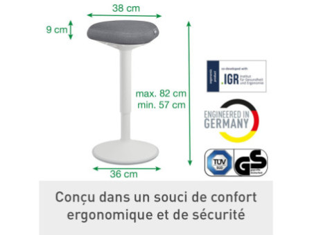 LEITZ Tabouret assis-debout Ergo Active, assise confort,gris