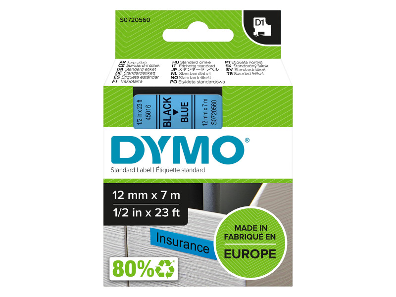 DYMO Ruban d'étiquette D1 noir/bleu, 12 mm x 7 m