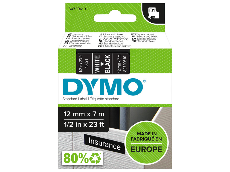 DYMO Ruban d'étiquette D1 blanc/noir,12 mm x 7 m