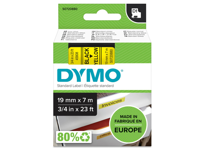 DYMO Ruban d'étiquette D1 noir/jaune,19 mm x 7 m