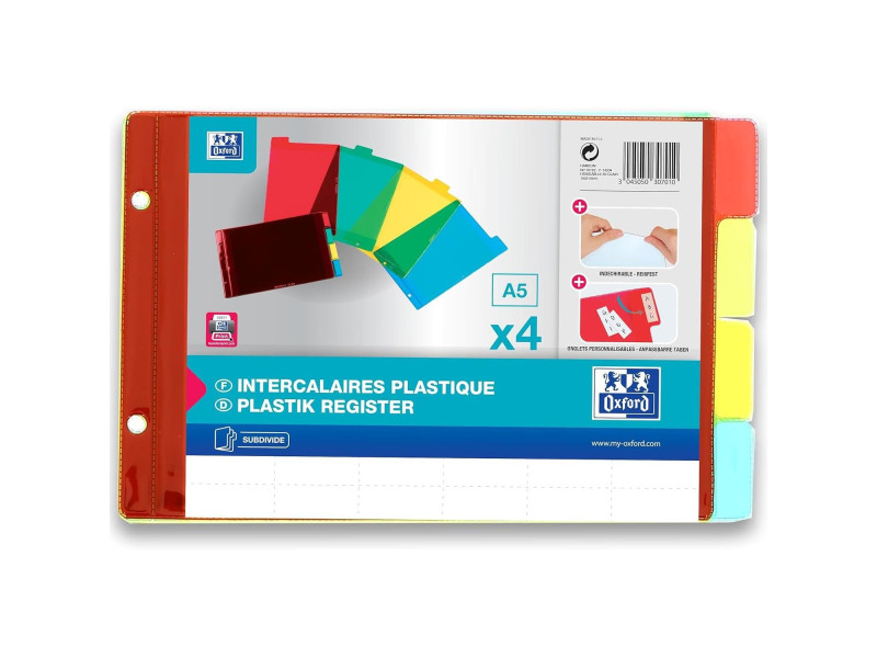 Oxford Intercalaires en plastique, uni, PVC, A5, 4 touches