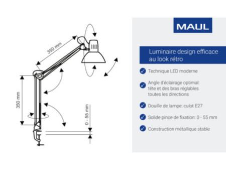 MAUL Lampe de bureau MAULstudy, avec pince, blanc