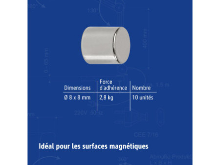 MAUL Aimant néodyme en forme de pastille, 8 mm, argent