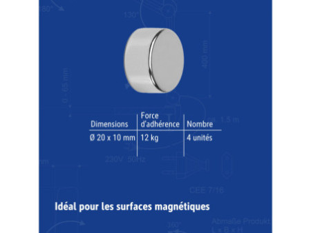 MAUL Aimant néodyme en forme de pastille, 20 mm, argent