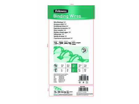 Fellowes spirales, format A4, 34 anneaux, 10 mm, argent