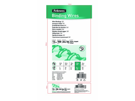 Fellowes spirales, format A4, 34 anneaux, 12 mm, argent