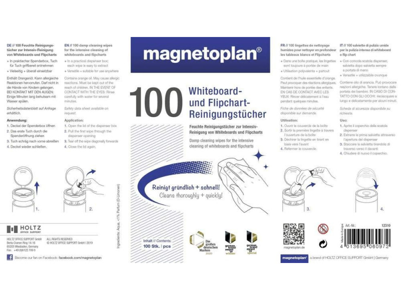 magnetoplan Lingettes nettoyantes pour tableau blanc, x100