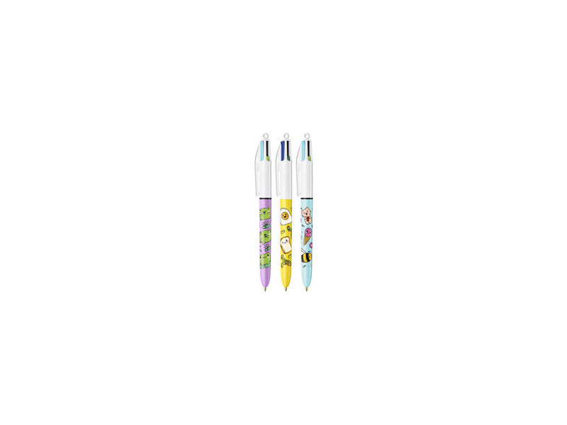 BIC Stylo à bille rétractable 4 Colours Kawaii, blister de 3