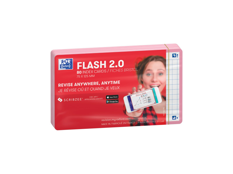 Oxford Fiches 'Flash 2.0', 75 x 125 mm, quadrillé, rose