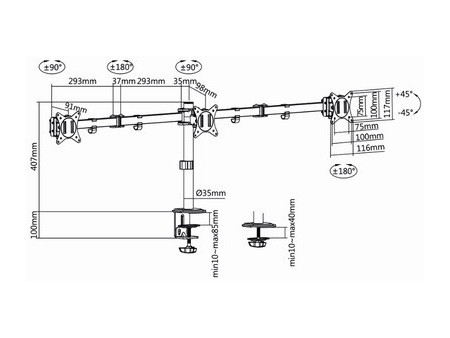 LogiLink Support triple écran, longueur bras: 658 mm, noir