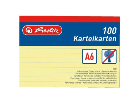 herlitz Fiches bristol, A6, ligné, 170 g/m2, jaune
