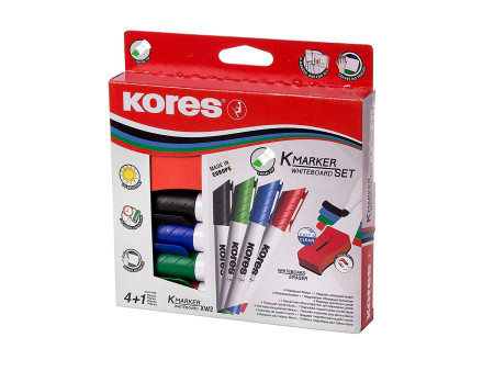 Kores kit de marqueurs pour tableau blanc, 4 marqueurs +