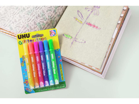 UHU Colle scintillante Glitter Glue Shiny, contenu:6 x 10 ml