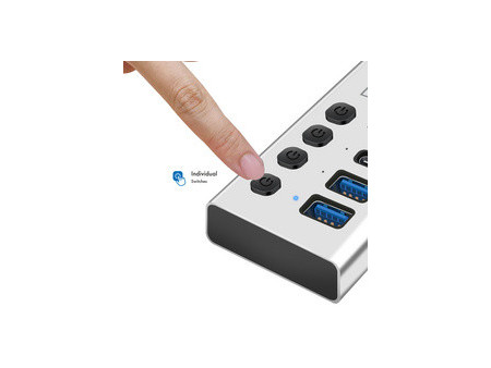 LogiLink Hub USB 3.2, 4 ports, interrupteurs on/off, argent