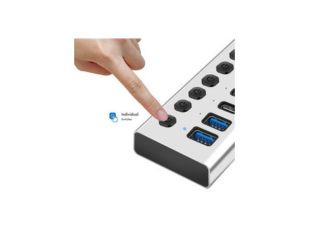 LogiLink Hub USB 3.2, 7 ports, interrupteurs on/off, argent