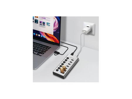 LogiLink Hub USB 3.2, 7 ports, interrupteurs on/off, argent