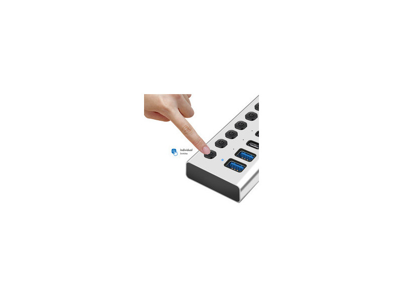 LogiLink Hub USB 3.2, 10 ports, interrupteurs on/off, argent