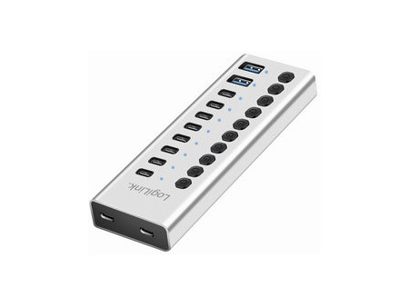 LogiLink Hub USB 3.2, 10 ports, interrupteurs on/off, argent