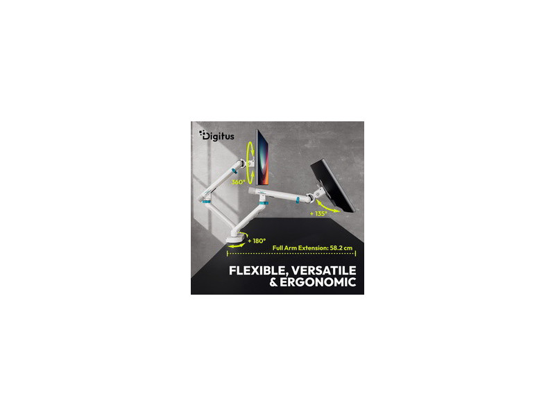 DIGITUS Bras support design pour 2 écrans, avec pince, blanc