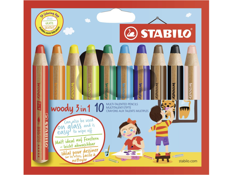STABILO Crayon multi-talents woody 3 en 1, étui carton de 10