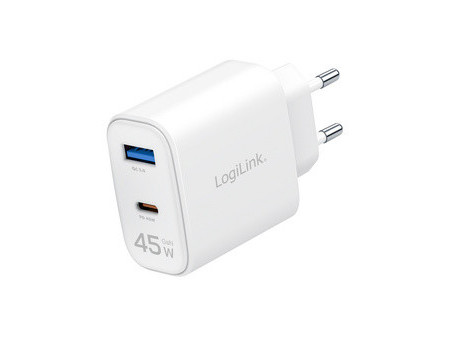 LogiLink Chargeur USB, 1x USB-C (PD), 1x USB-A (QC), 45 W