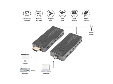 DIGITUS Kit extenseur vidéo 4K sans fil, 30 m (USB-C - HDMI)