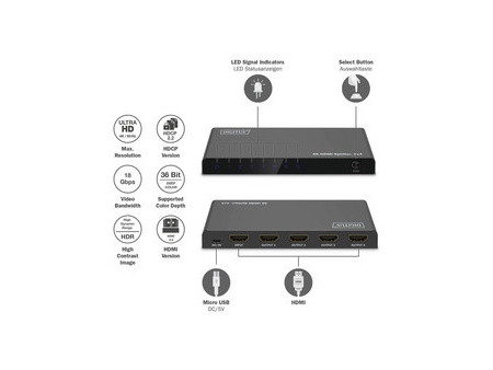 DIGITUS Répartiteur HDMI 4K, 1x4, 4K/60Hz HDCP 2.2, noir