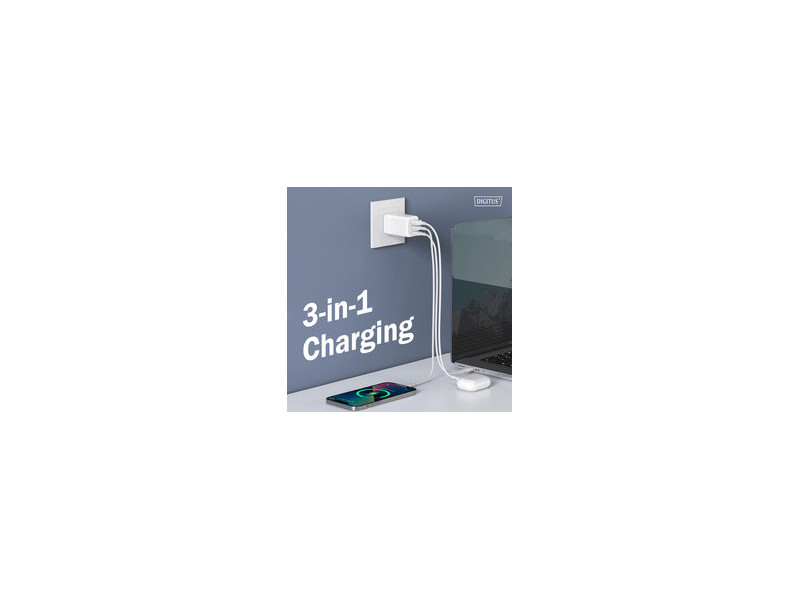 DIGITUS Chargeur secteur USB GaN, 2x USB-C / 1x USB-A, 67 W