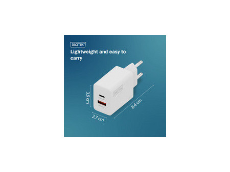 DIGITUS Chargeur secteur USB GaN, USB-C/USB-A, 30 W, blanc