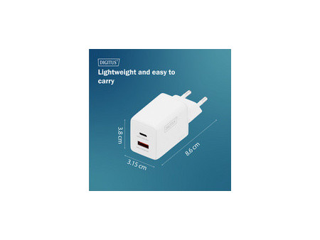DIGITUS Chargeur secteur USB GaN, USB-C/USB-A, 45 W, blanc