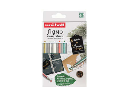 uni-ball Stylo roller encre gel SIGNO, étui de 5 + étiquette