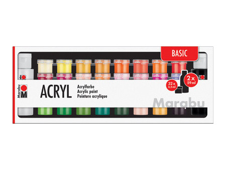 Marabu Set de peinture acrylique BASIC, 32x 3,5 ml/2x 59 ml