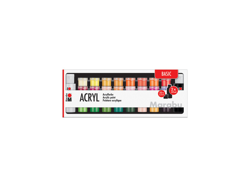 Marabu Set de peinture acrylique BASIC, 32x 3,5 ml/2x 59 ml