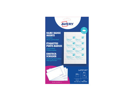AVERY Insert imprimable pour badge, 90 x 60 mm, blanc