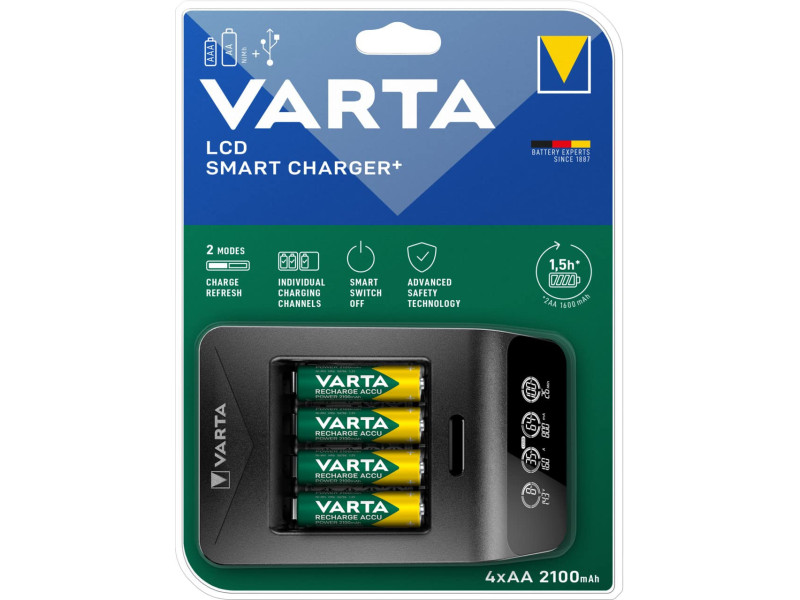 VARTA Chargeur LCD Smart Charger+, avec 4x piles Mignon AA