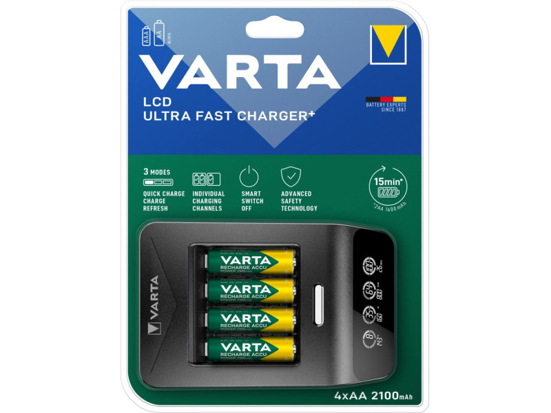 VARTA Chargeur LCD Ultra Fast Charger+, avec 4x piles Mignon