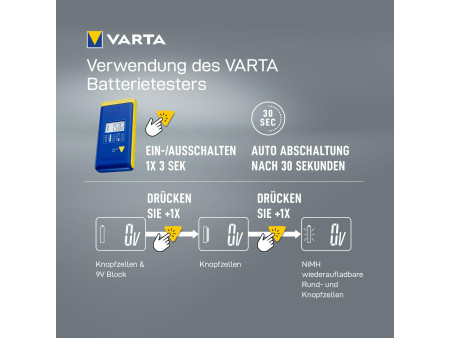 VARTA Testeur de piles, écran LCD, bleu/jaune