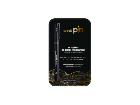 uni-ball Feutre technique uni pin, étui métal de 14 pièces
