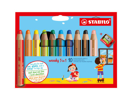 STABILO Crayon multi-talents woody 3 en 1, étui carton de 10