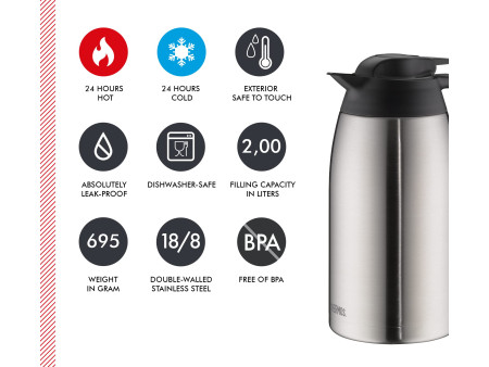 THERMOS Pichet isotherme THV, 2,0 litre, inox / noir
